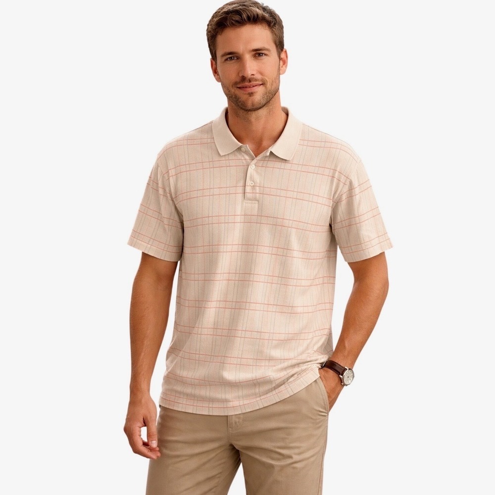 WH‎ Belk Sportswear Mens Mercerized Cotton Grid Polo Shirt Tan Orange L 88-50